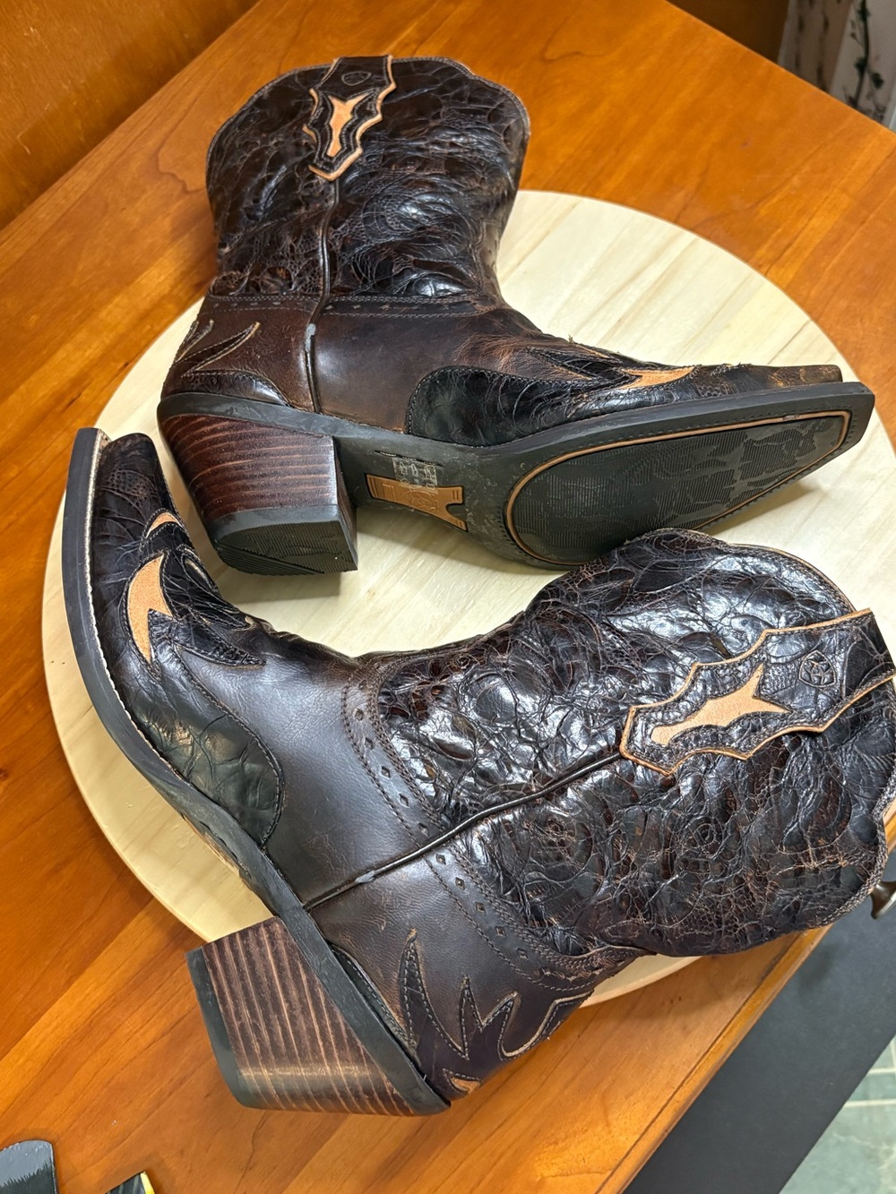 Ariat Dark Brown Leather Western Heeled Boots with Tan Accents